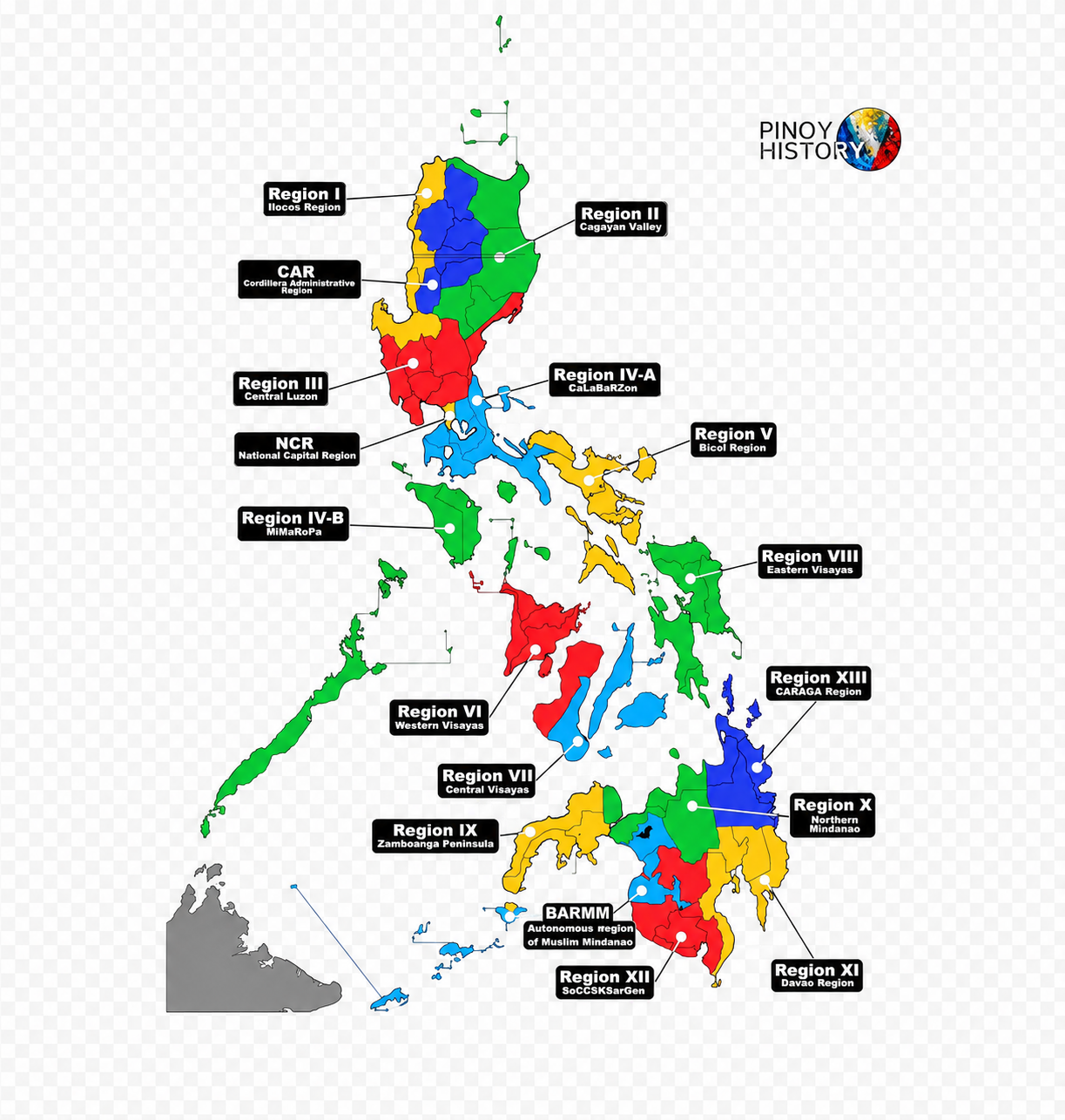 Map of the Philippines showing all 17 regions